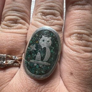 Adorable vintage owel turquoise inlay mexican sterling silver ring